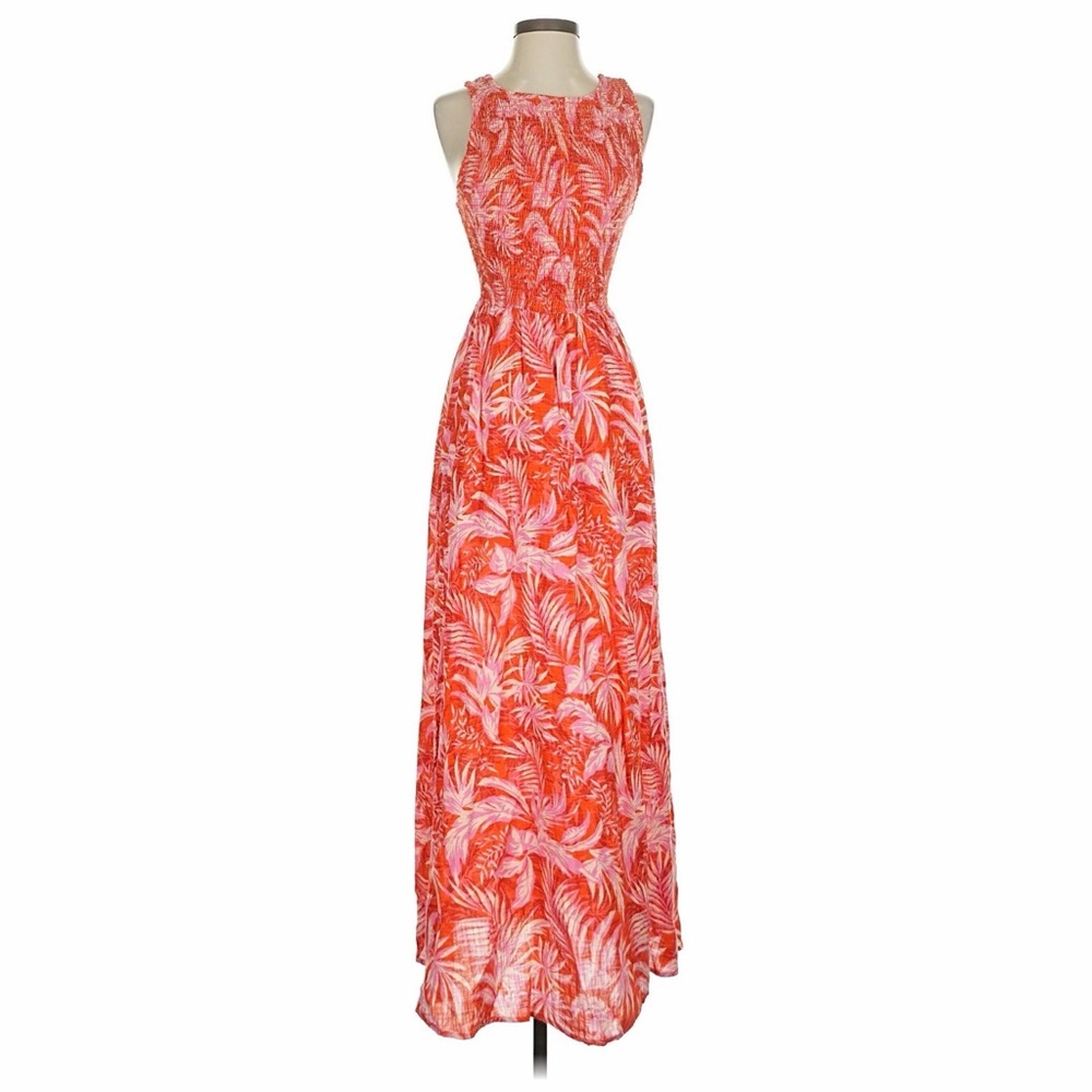 Tropical Print Sleeveless Maxi Dress in Coral Pink